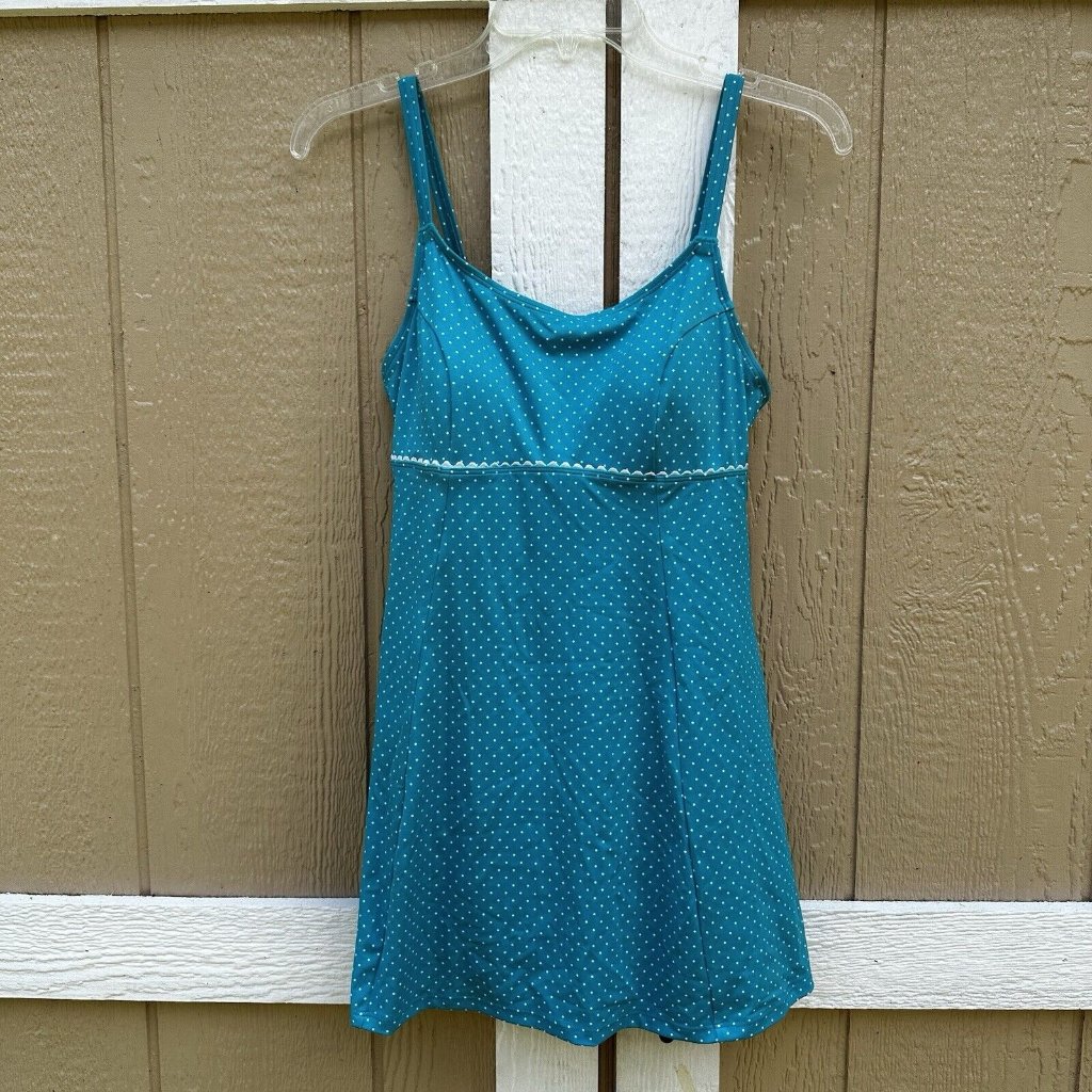 Ll Bean Empire Swim Dress One Piece Swimsuit Teal Polka Dot Size 12 Upf 50+